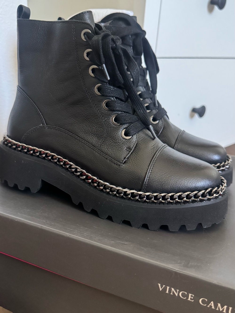 Vince Camuto Black Leather Lace-Up Chain Trim Combat Boots